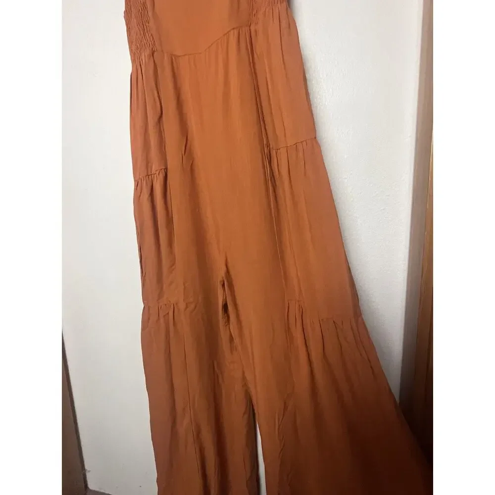 NWT Very J Wide Leg Palazzo Jumpsuit Women’s Sz Large Camel Orange Smocked - Picture 7 of 13